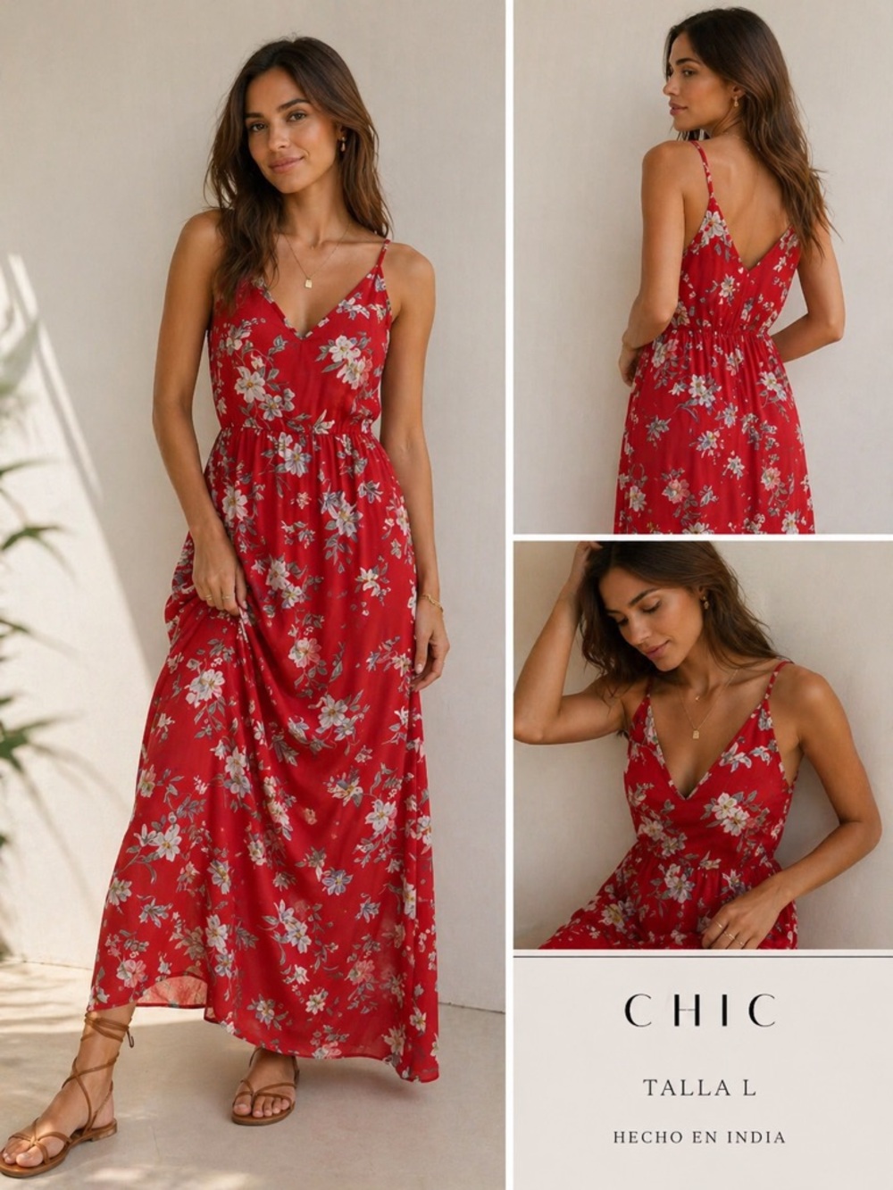 H&M Red Floral V-Neck Maxi Dress with Spaghetti Straps